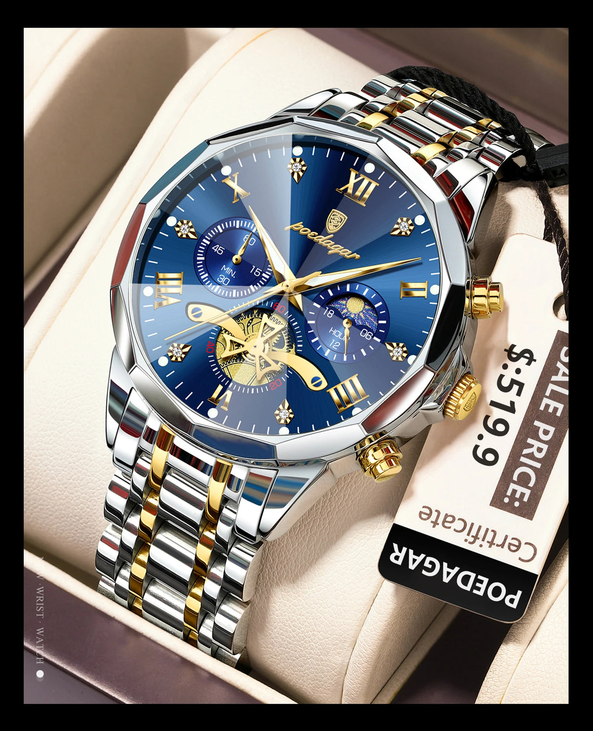 POEDAGAR Men's Chronograph Quartz Watch, Stainless Steel, Water Resistant
