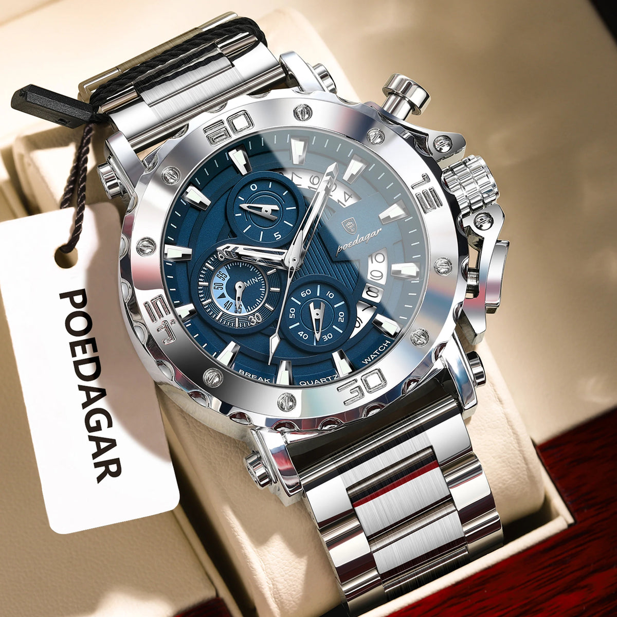 POEDAGAR Men's Chronograph Quartz Watch, Calendar, Stainless Steel