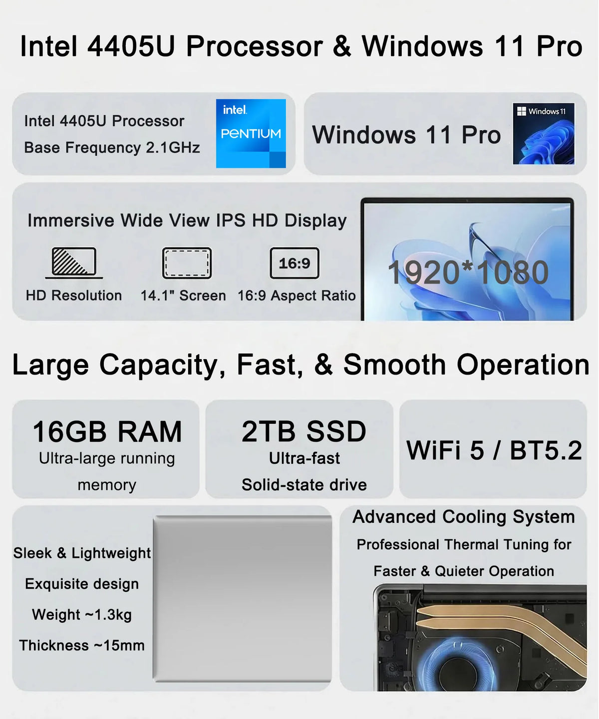 14.1" Laptop, Intel 4405U, 16GB RAM, 2TB SSD, Windows 11 Pro