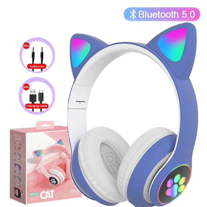Kids' Cat Ear Bluetooth Headphones with Microphone and LED Lights