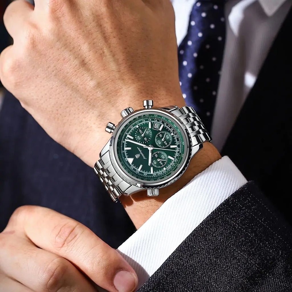 POEDAGAR Men's Chronograph Quartz Watch, Stainless Steel, Date, Luminous