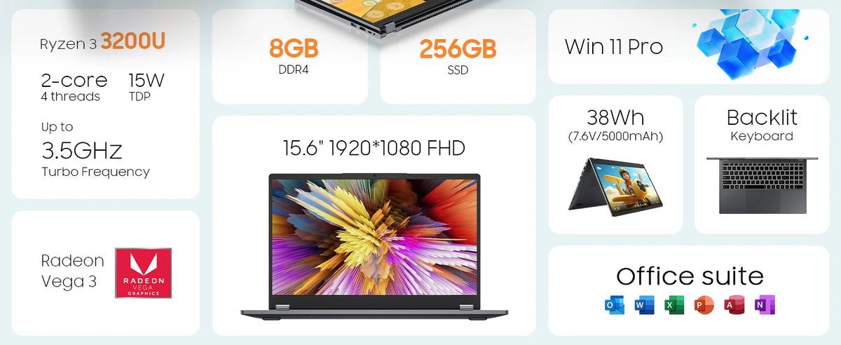 لابتوب 15.6 بوصة 2 في 1 بشاشة تعمل باللمس، معالج AMD Ryzen 3 3200U، ذاكرة وصول عشوائي 8 جيجابايت، قرص صلب 256 جيجابايت SSD، دقة FHD