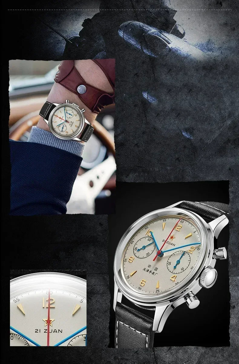 Men's 42 mm Pilot Chronograph Watch, Water Resistant, Vintage Style