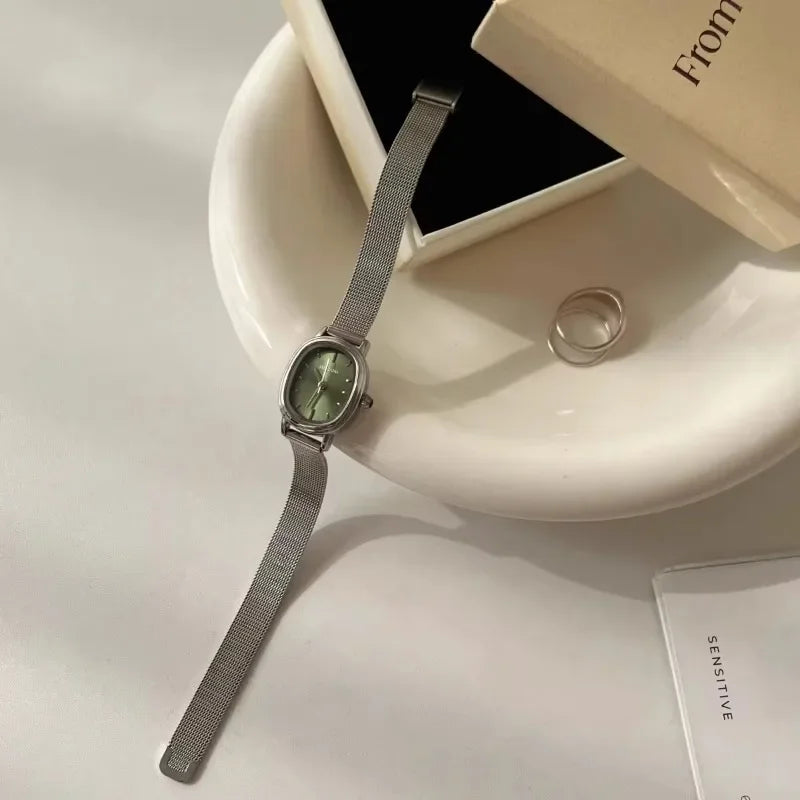 Women's Oval Quartz Watch, Green Dial, Stainless Steel