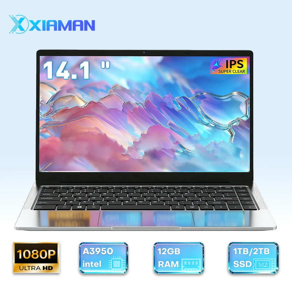 كمبيوتر محمول Xiaman مقاس 14.1 بوصة، معالج Intel Atom A3950، ذاكرة وصول عشوائي 12 جيجابايت، قرص صلب 2 تيرابايت SSD، نظام تشغيل Windows 11