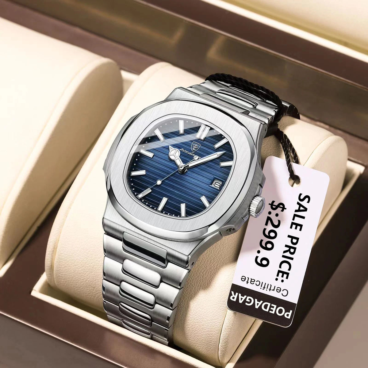 POEDAGAR Men's Square Quartz Watch, Stainless Steel, Luminous, Date
