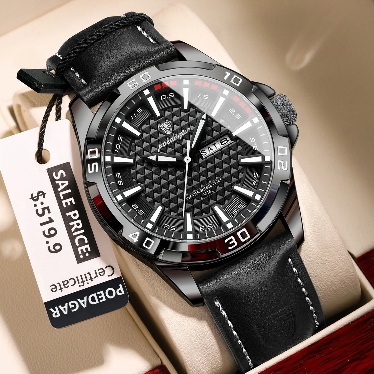 POEDAGAR Men's Quartz Watch, Leather Strap, Date and Day, Luminous