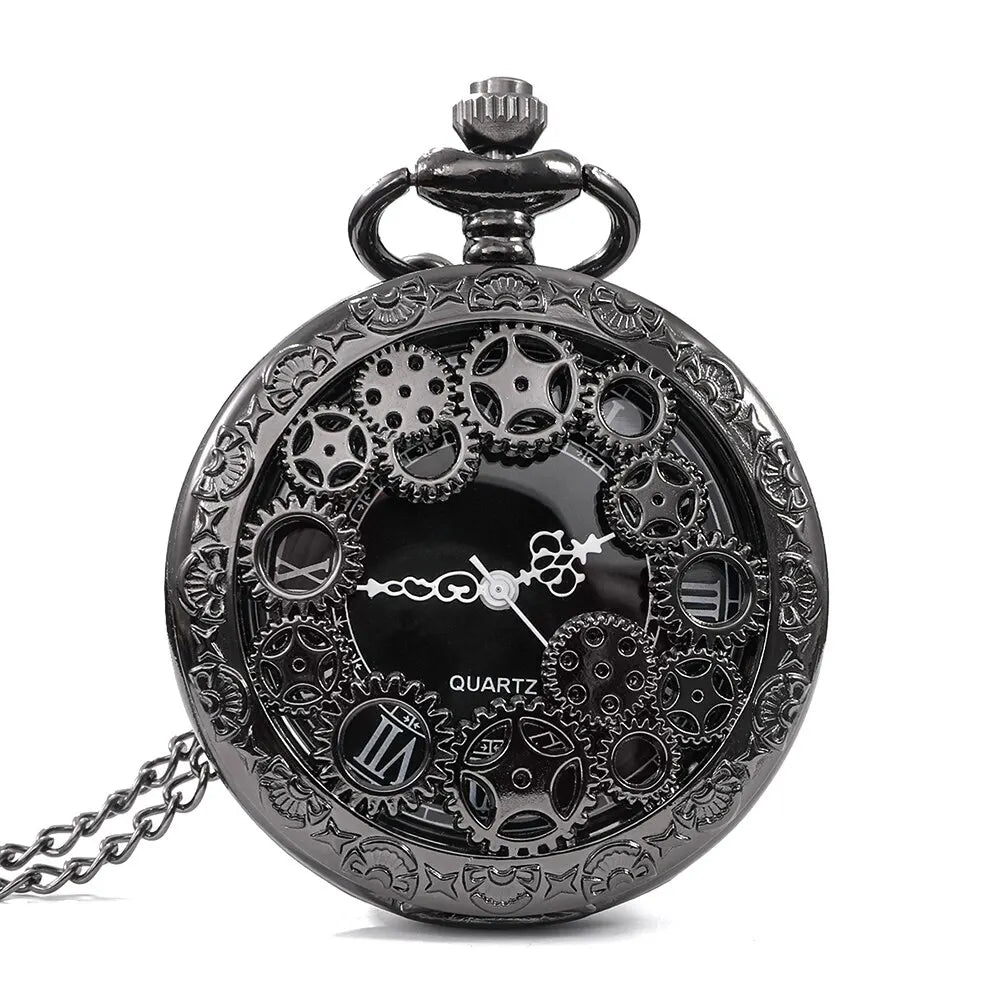 Steampunk copper hollow gear quartz pocket watch with chain, main view