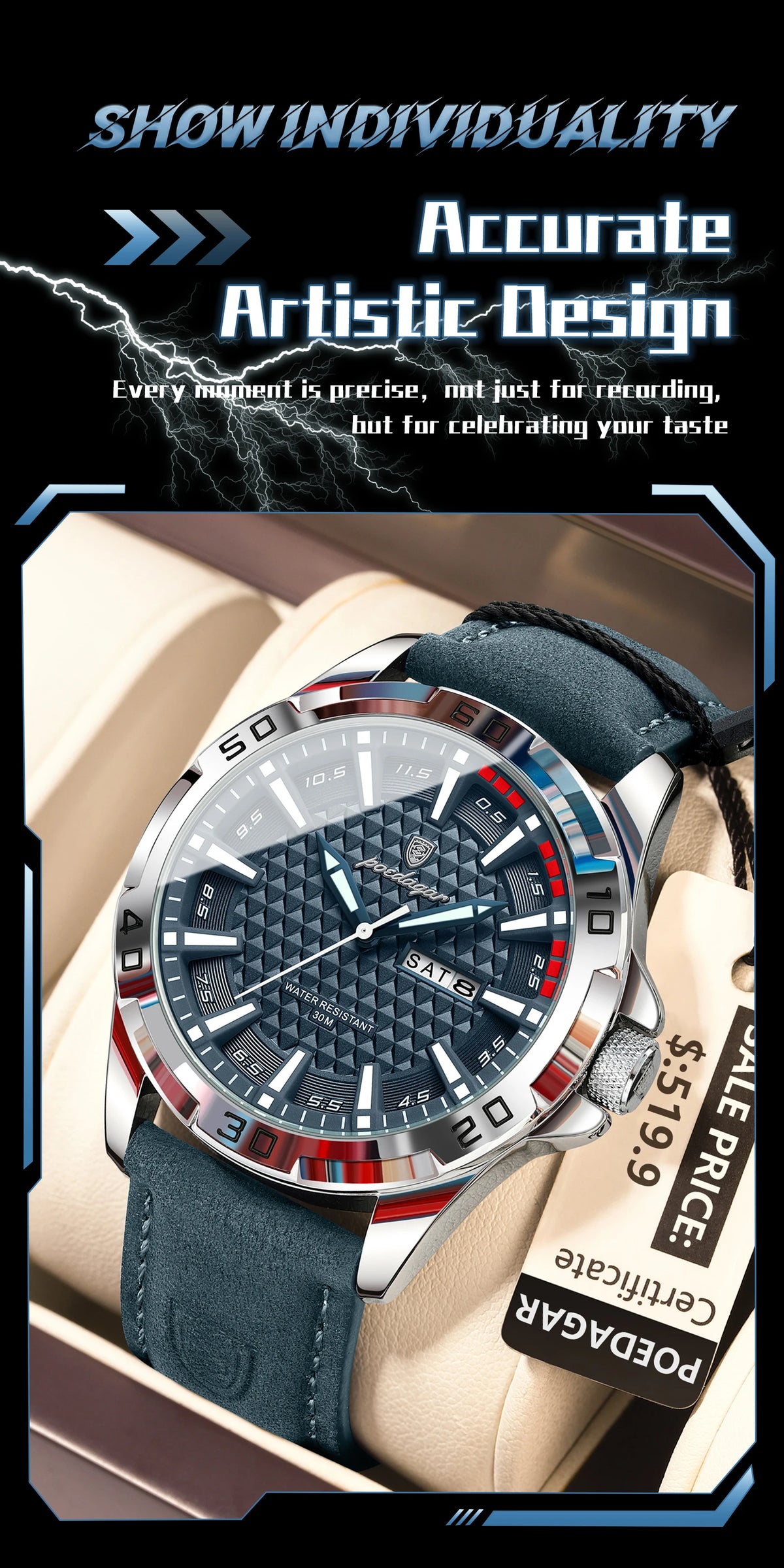 POEDAGAR Men's Quartz Watch, Leather Strap, Date and Day, Luminous