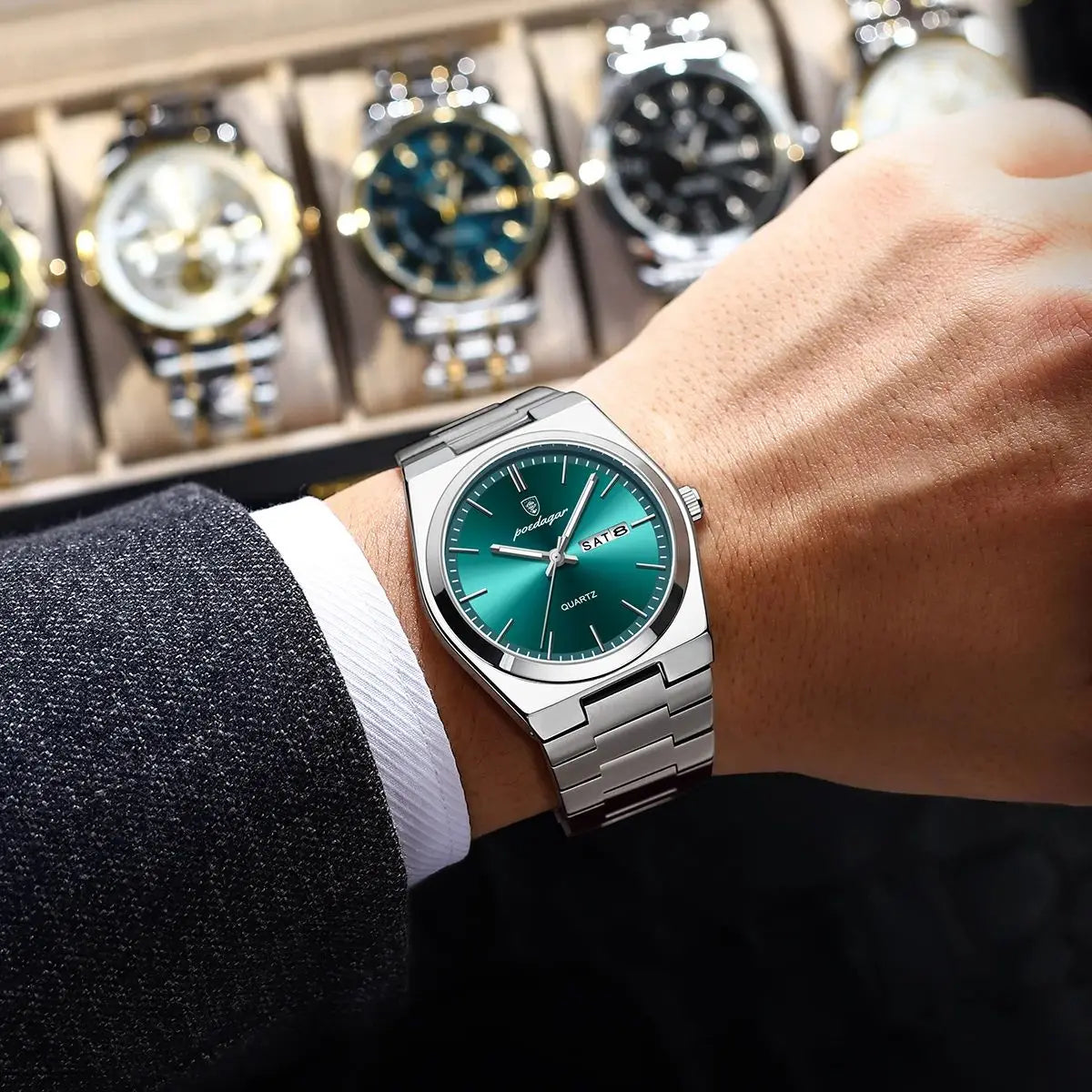 POEDAGAR Men's Quartz Watch, Stainless Steel, Date and Day Display