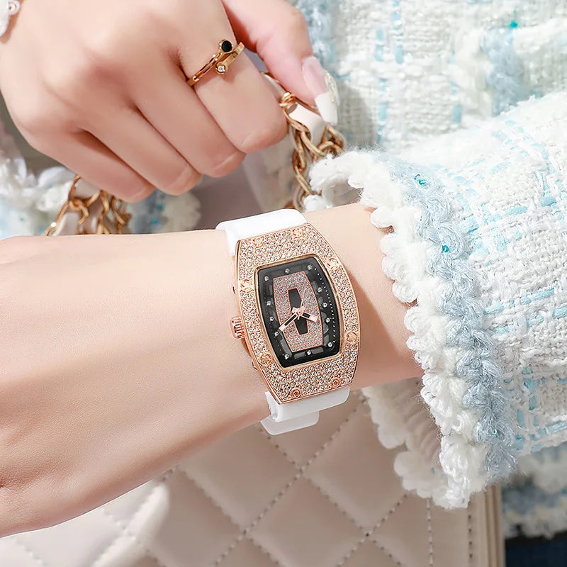 Women's Crystal Tonneau Quartz Watch, Silicone Strap