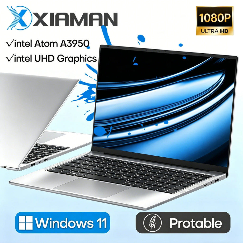 لابتوب Xiaman مقاس 14.1 بوصة، معالج Intel Atom A3950، شاشة عالية الدقة، نظام Windows 11 Pro