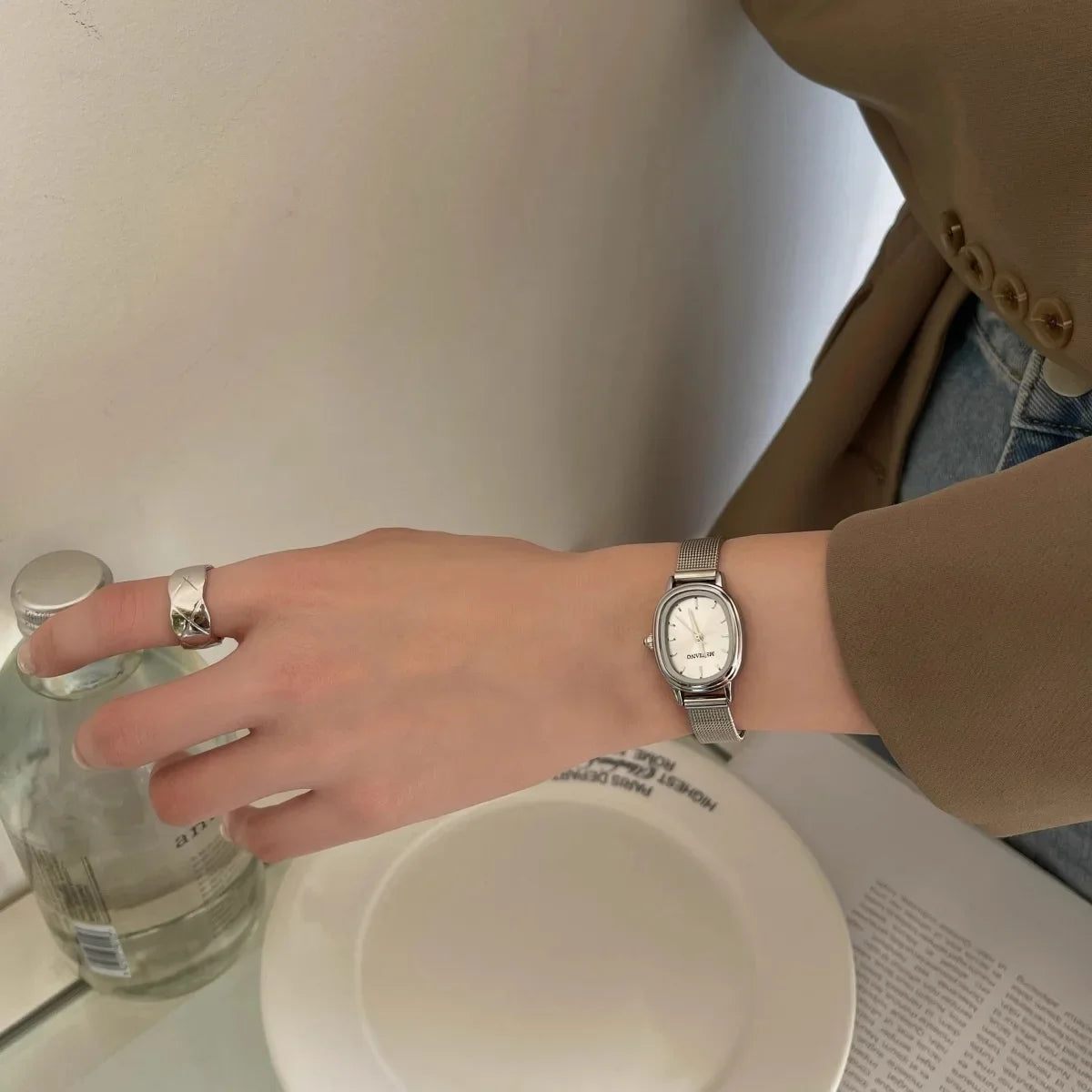 Women's Oval Quartz Watch, Green Dial, Stainless Steel