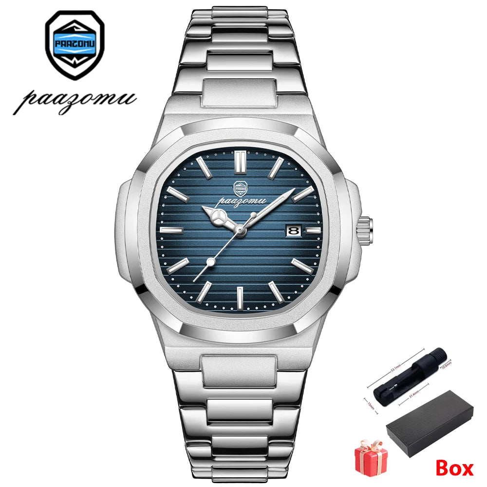 PAAZOMU Men's Square Quartz Watch, Stainless Steel, Luminous, Date