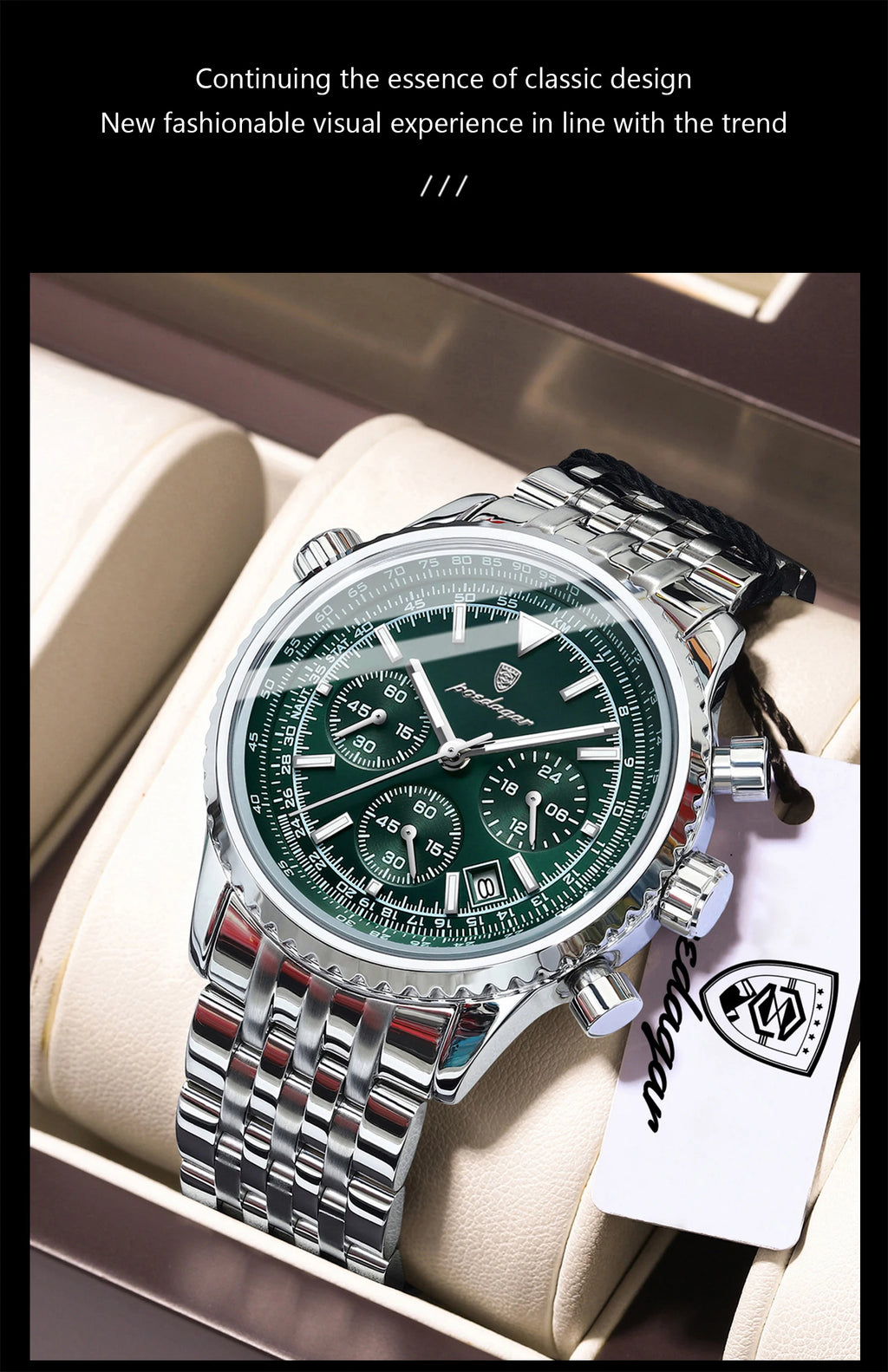 POEDAGAR Men's Chronograph Quartz Watch, Stainless Steel, Date, Luminous