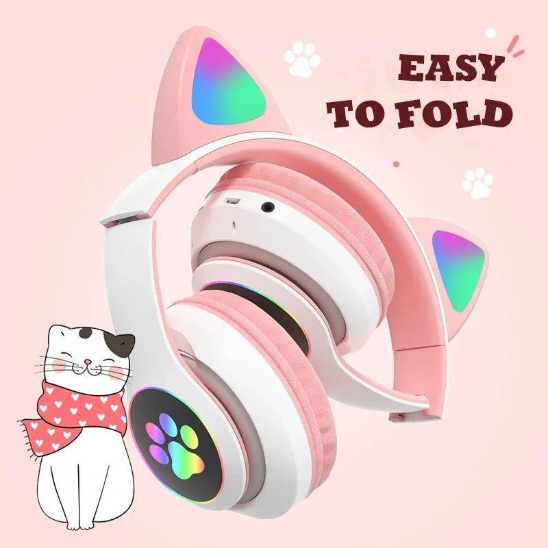Kids' Cat Ear Bluetooth Headphones with Microphone and LED Lights
