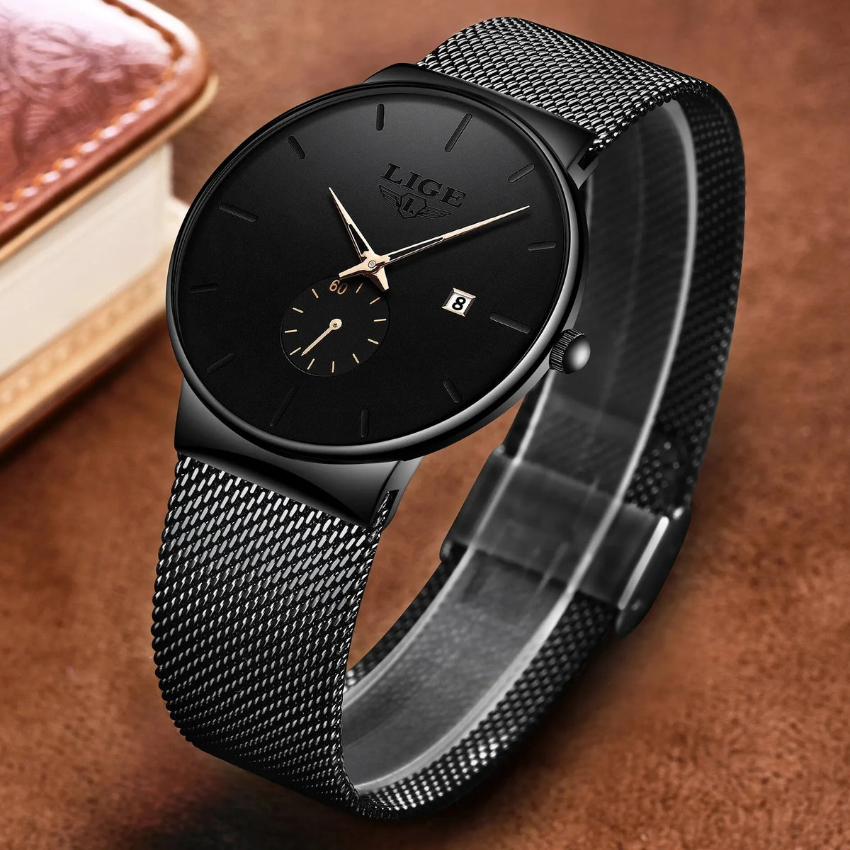 LIGE Men's Quartz Watch, Stainless Steel Mesh, Water Resistant