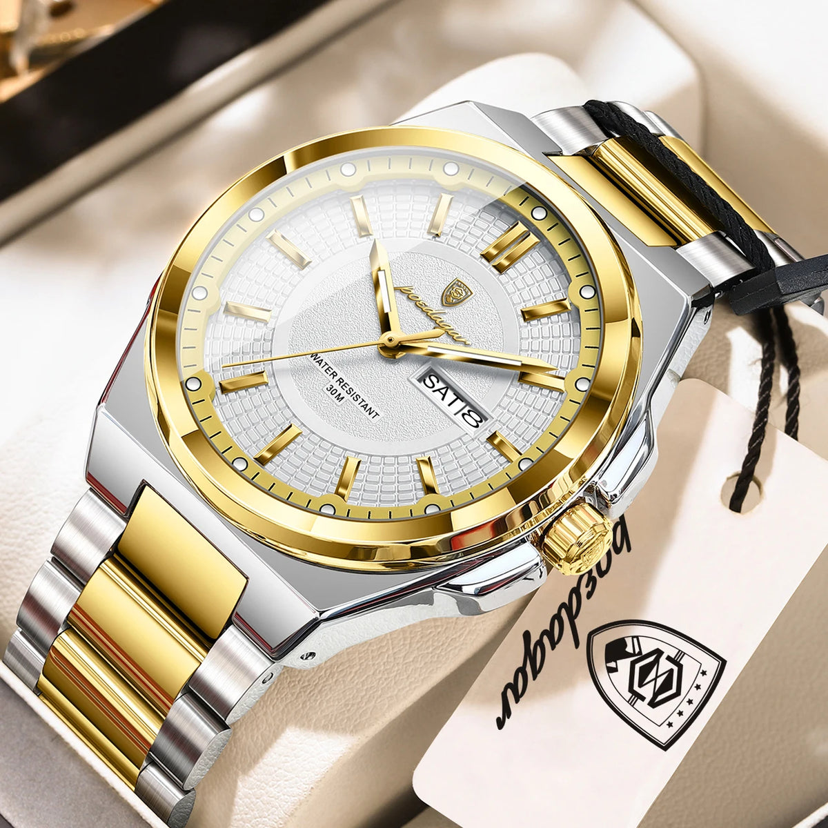 POEDAGAR Men's Business Quartz Watch, Stainless Steel, Date and Day