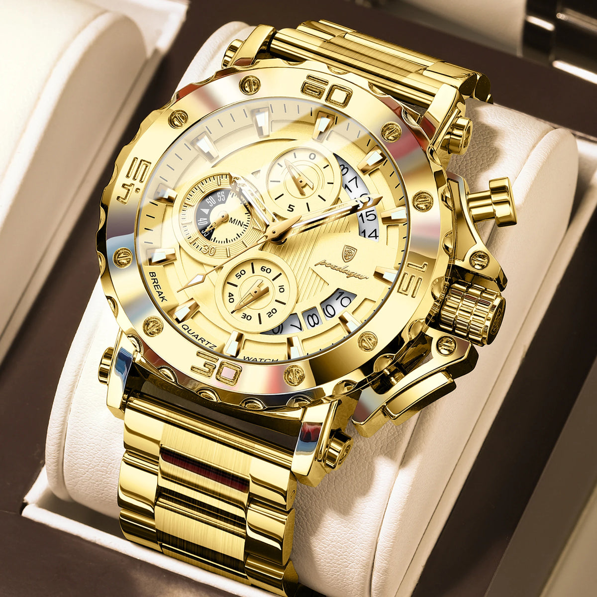 POEDAGAR Men's Chronograph Quartz Watch, Calendar, Stainless Steel