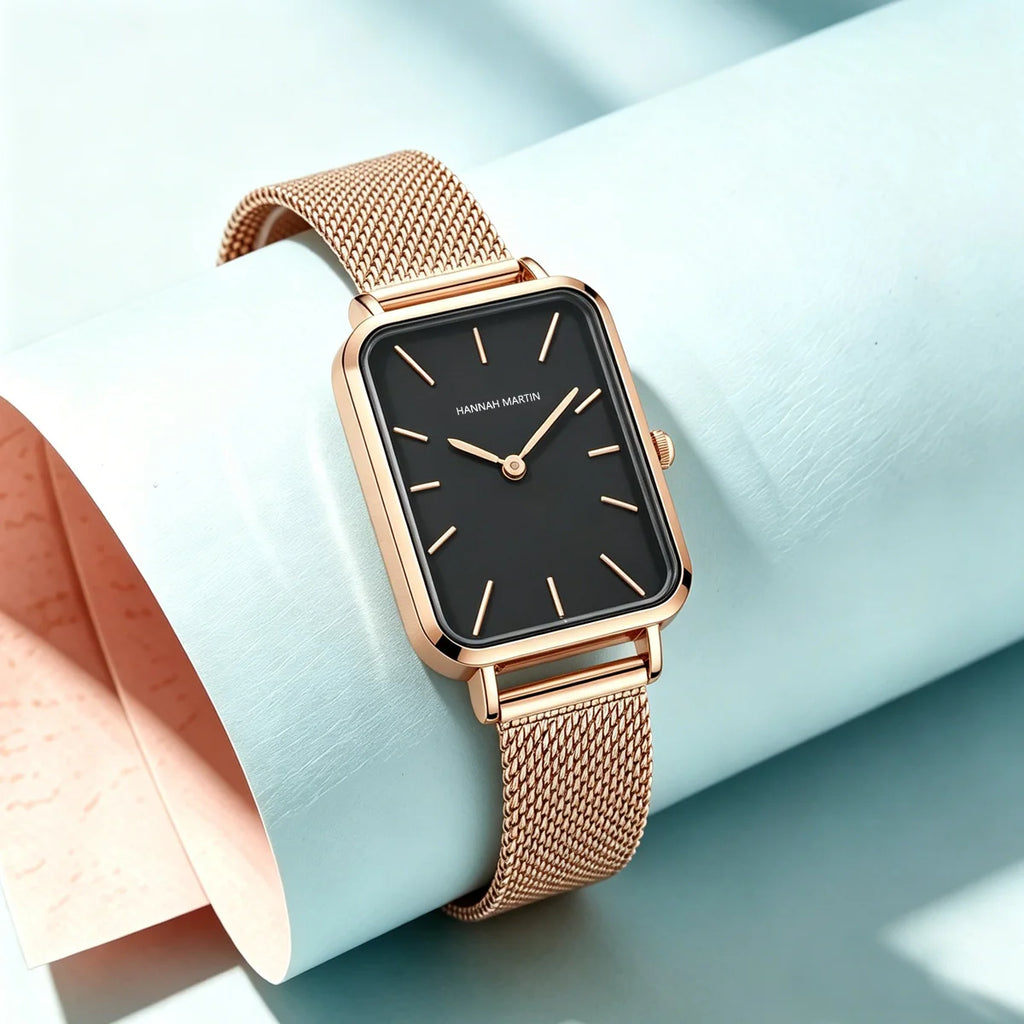 Hannah Martin Women's 34 mm Square Quartz Watch, Stainless Steel Mesh Strap