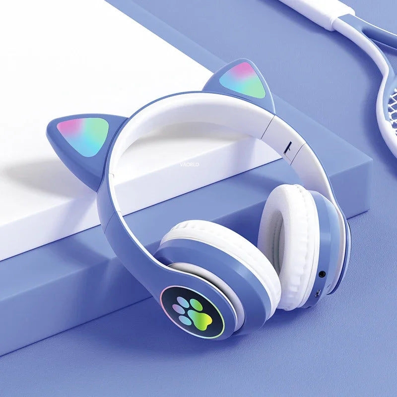 Kids' Cat Ear Bluetooth Headphones with Microphone and LED Lights