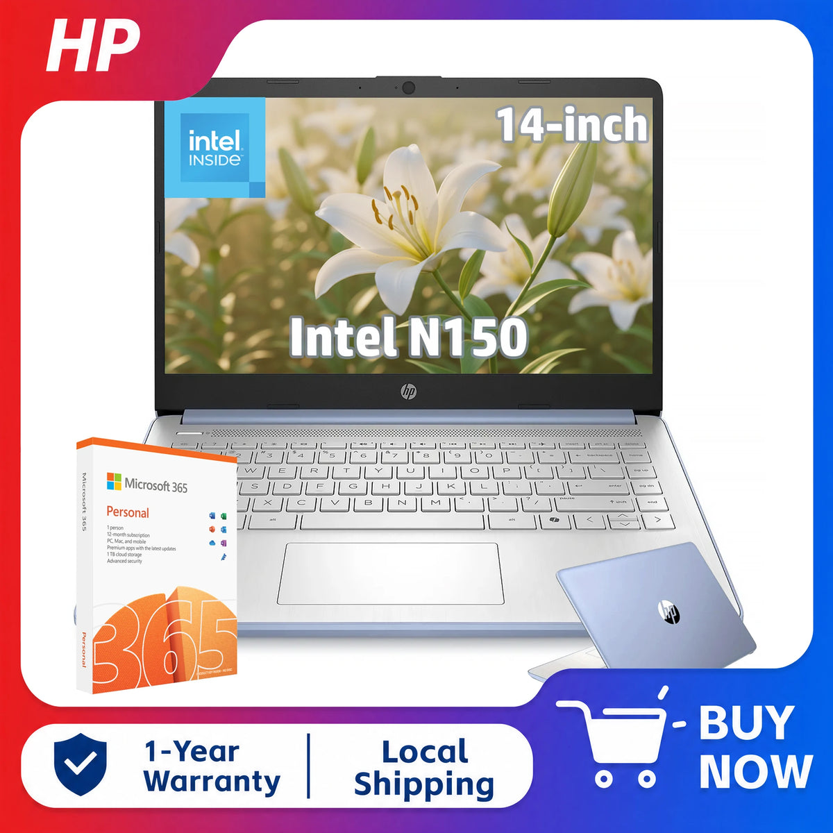 HP 14 inch laptop with Intel N150, main view