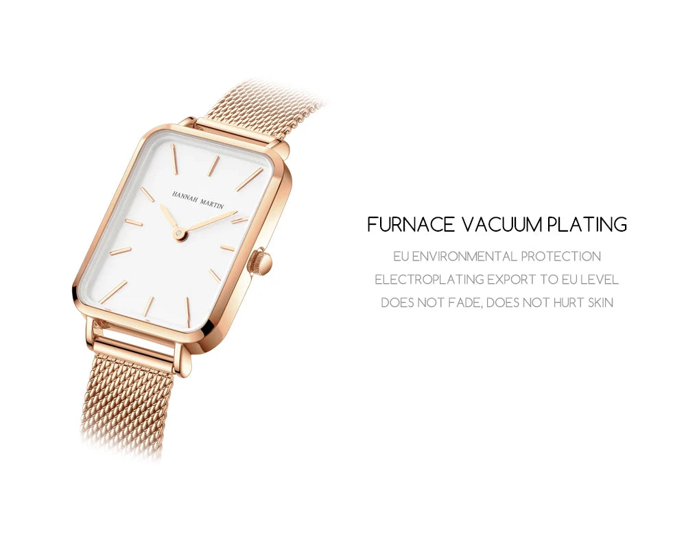 Hannah Martin Women's 34 mm Square Quartz Watch, Stainless Steel Mesh Strap