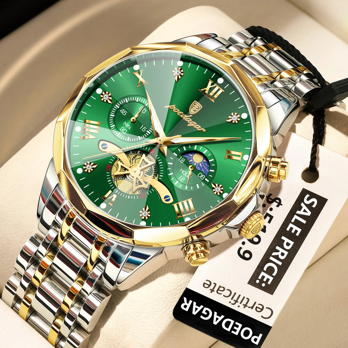 POEDAGAR Men's Chronograph Quartz Watch, Stainless Steel, Water Resistant
