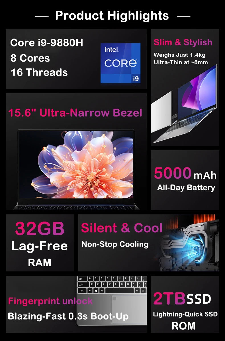 15.6" Laptop, Intel Core i9-9880H, 32GB RAM, 2TB SSD, Windows 11