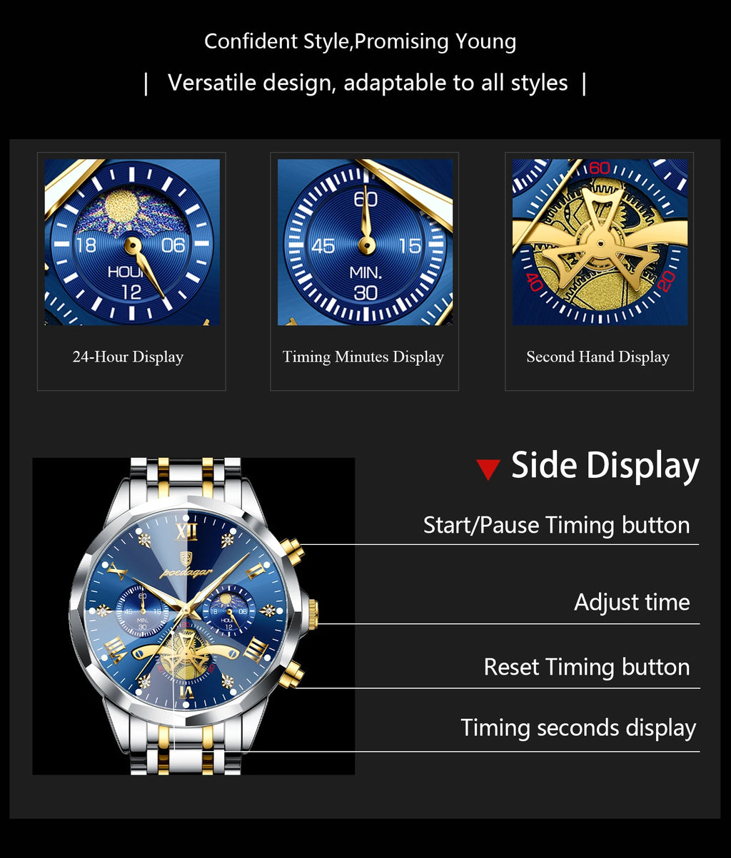 POEDAGAR Men's Chronograph Quartz Watch, Stainless Steel, Water Resistant