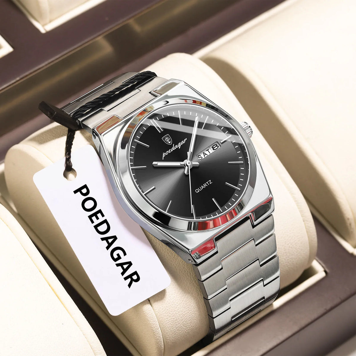 POEDAGAR Men's Quartz Watch, Stainless Steel, Date and Day, Luminous