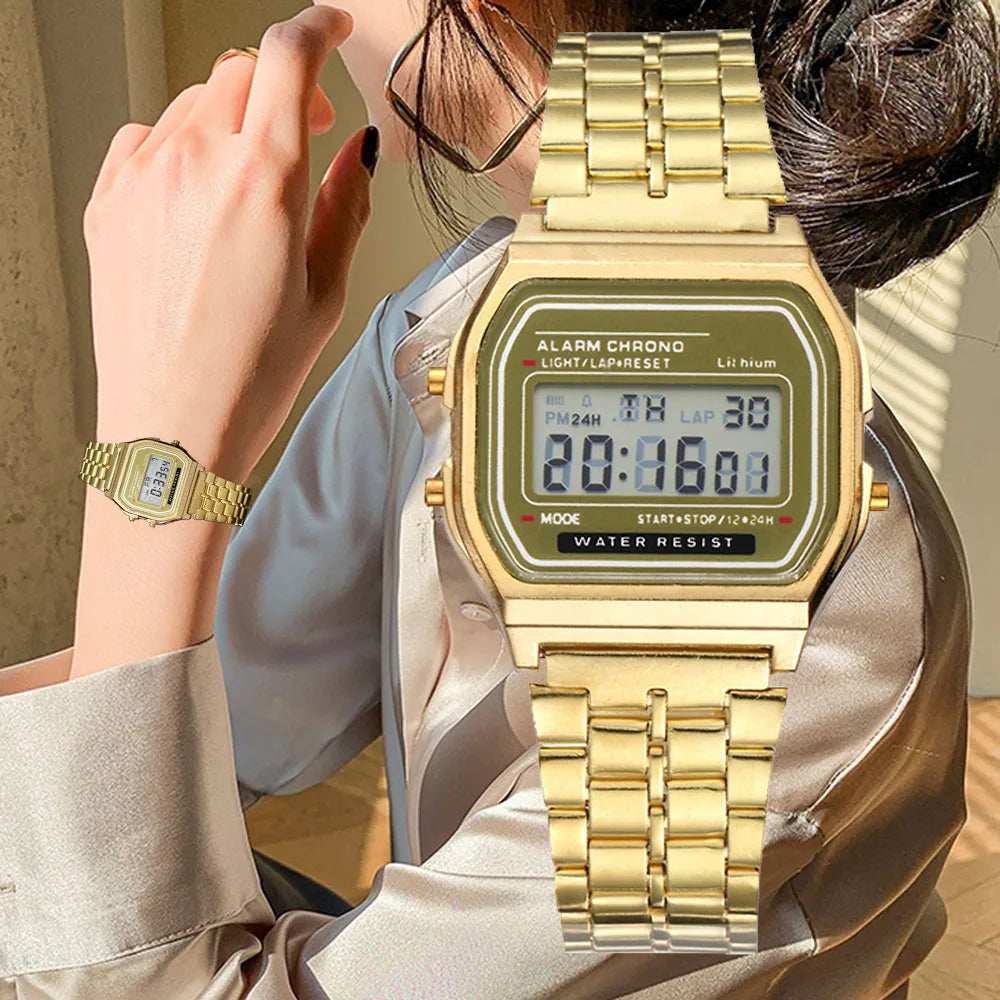 Women's Digital Watch, Stainless Steel, Gold and Silver