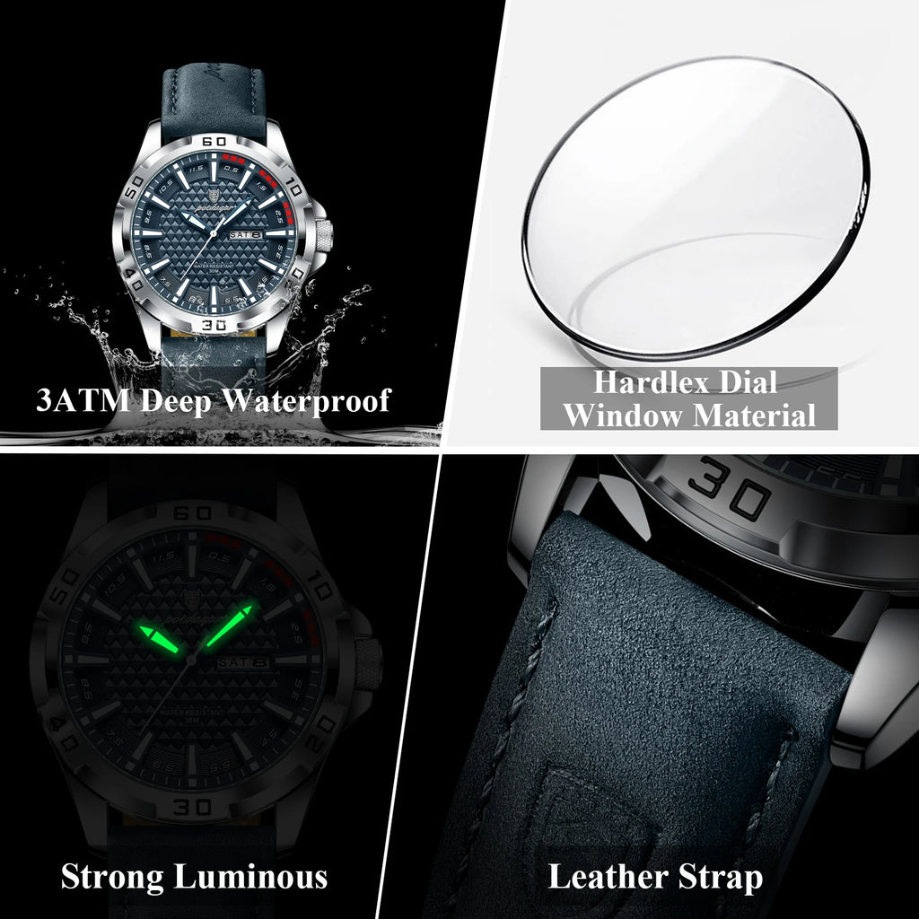 POEDAGAR Men's Quartz Watch, Leather Strap, Date and Day, Luminous