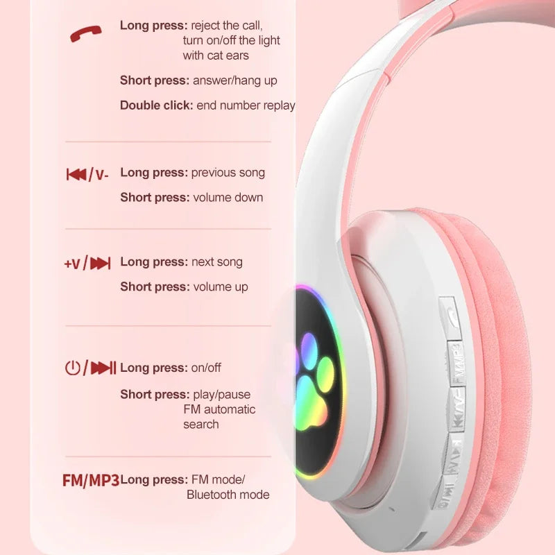 Kids' Cat Ear Bluetooth Headphones with Microphone and LED Lights