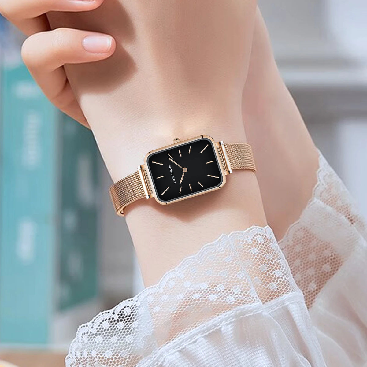 Hannah Martin Women's 34 mm Square Quartz Watch, Stainless Steel Mesh Strap