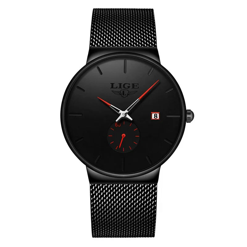 LIGE Men's Quartz Watch, Stainless Steel Mesh, Water Resistant