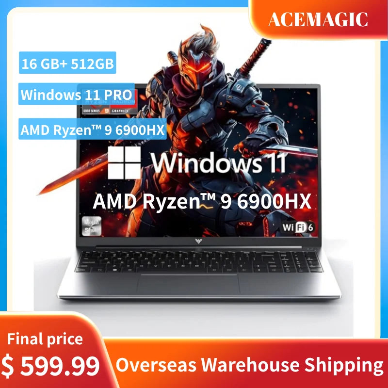 لابتوب ألعاب ACEMAGIC مقاس 16 بوصة، معالج AMD Ryzen 9 6900HX، ذاكرة وصول عشوائي 16 جيجابايت، قرص صلب 512 جيجابايت SSD، نظام تشغيل Windows 11 Pro