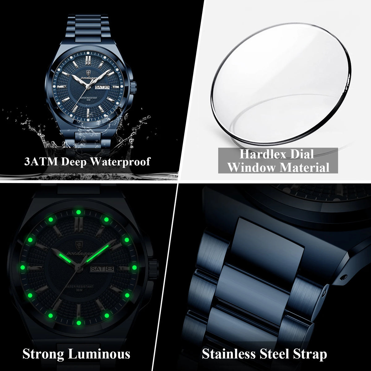 POEDAGAR Men's Business Quartz Watch, Stainless Steel, Date and Day