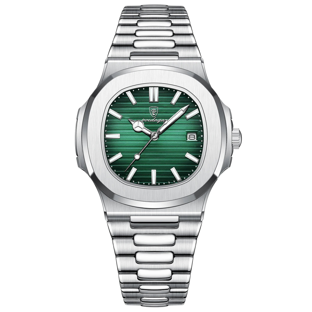 POEDAGAR Men's Square Quartz Watch, Stainless Steel, Luminous, Date