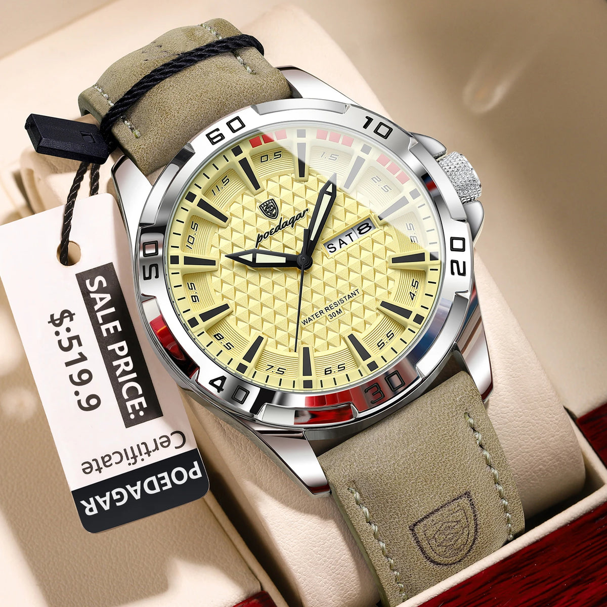 POEDAGAR Men's Quartz Watch, Leather Strap, Date and Day, Luminous