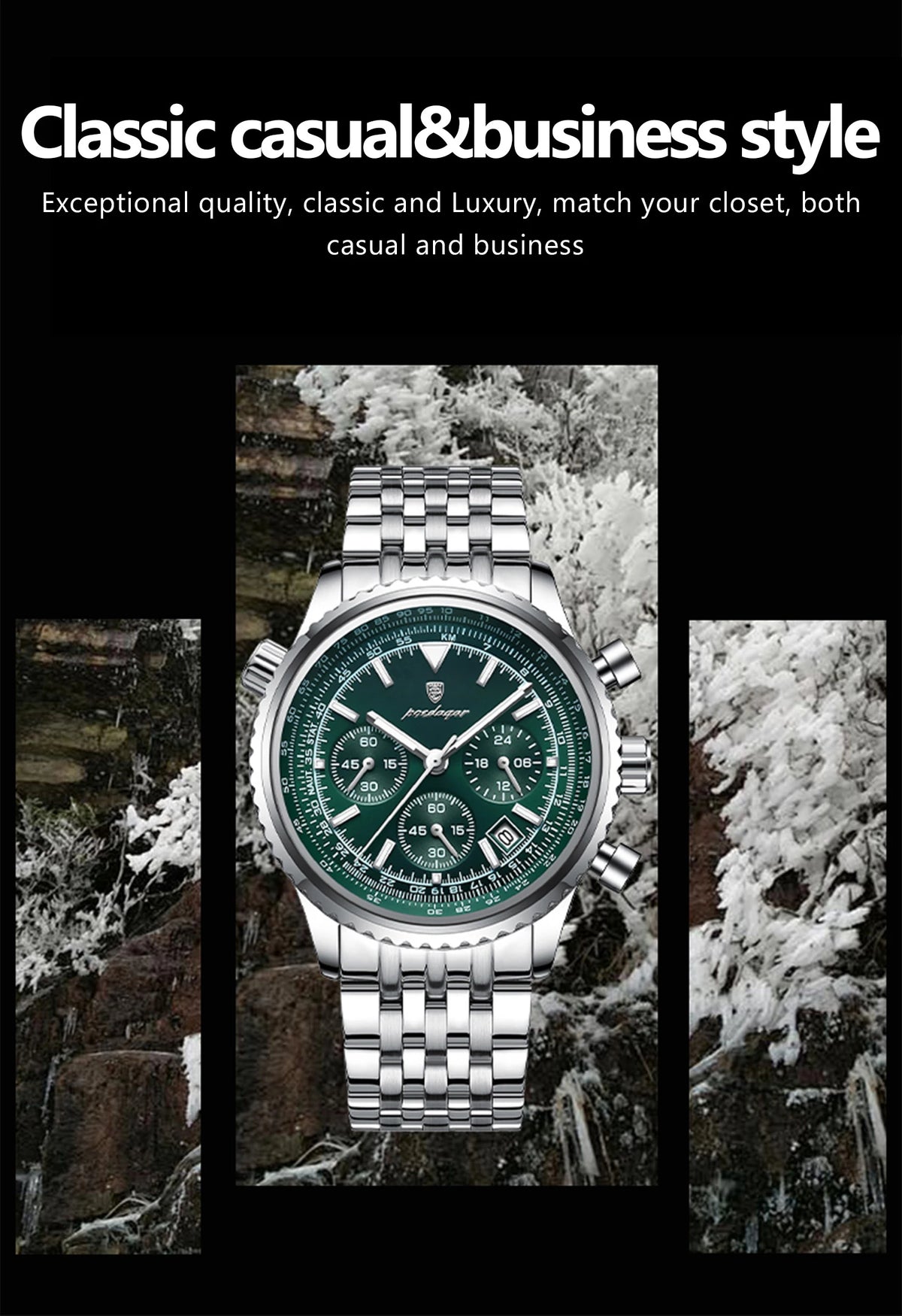 POEDAGAR Men's Chronograph Quartz Watch, Stainless Steel, Date, Luminous