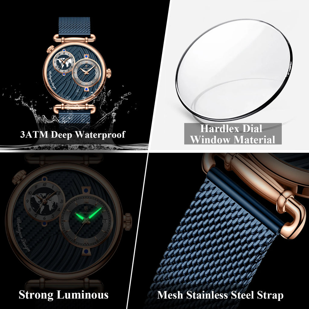 POEDAGAR Men's Quartz Watch, Multiple Time Zones, Steel Mesh Strap