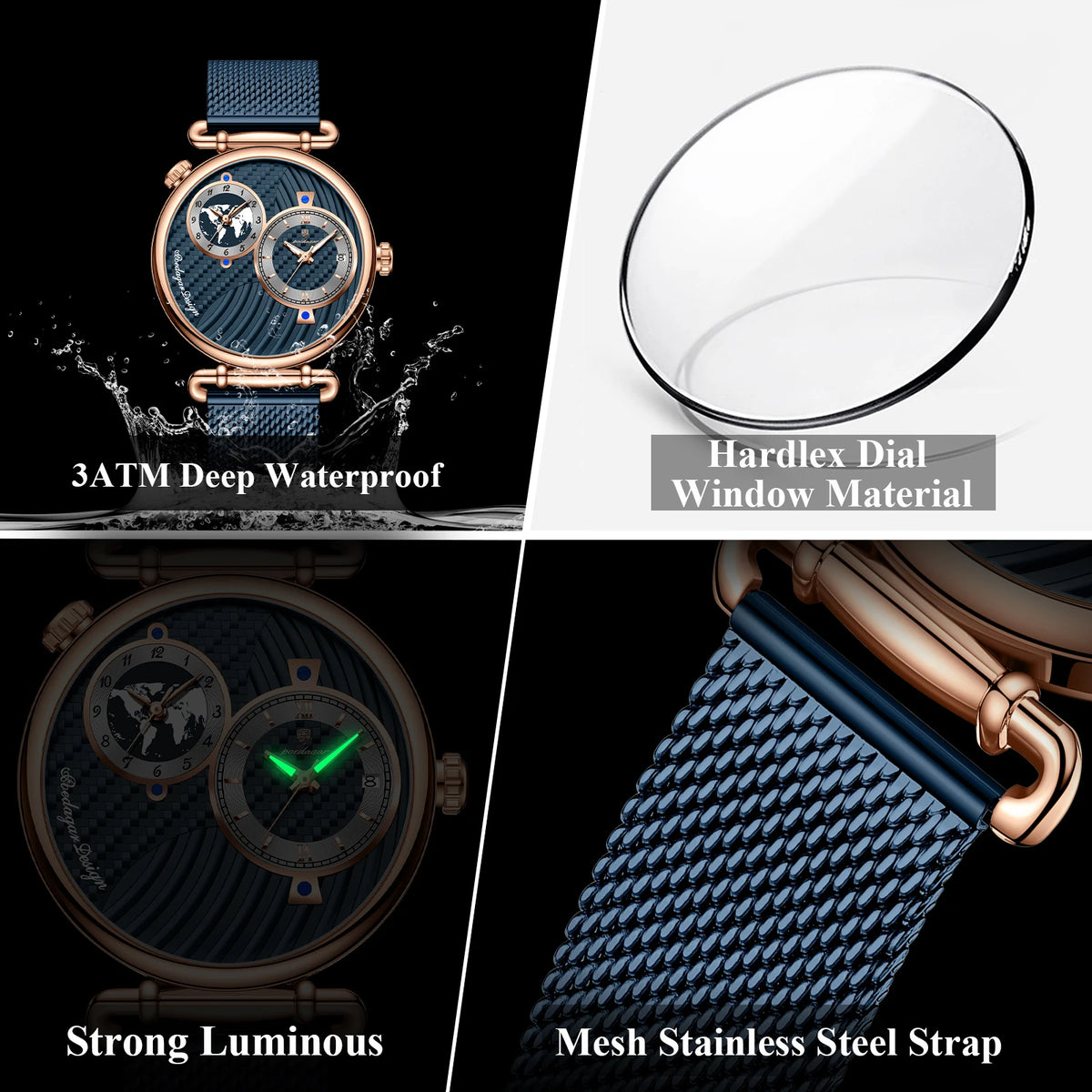 POEDAGAR Men's Quartz Watch, Multiple Time Zones, Steel Mesh Strap