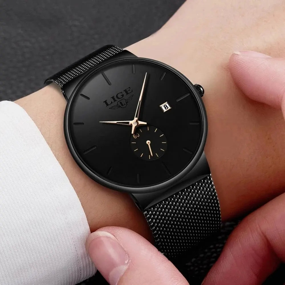 LIGE Men's Quartz Watch, Stainless Steel Mesh, Water Resistant