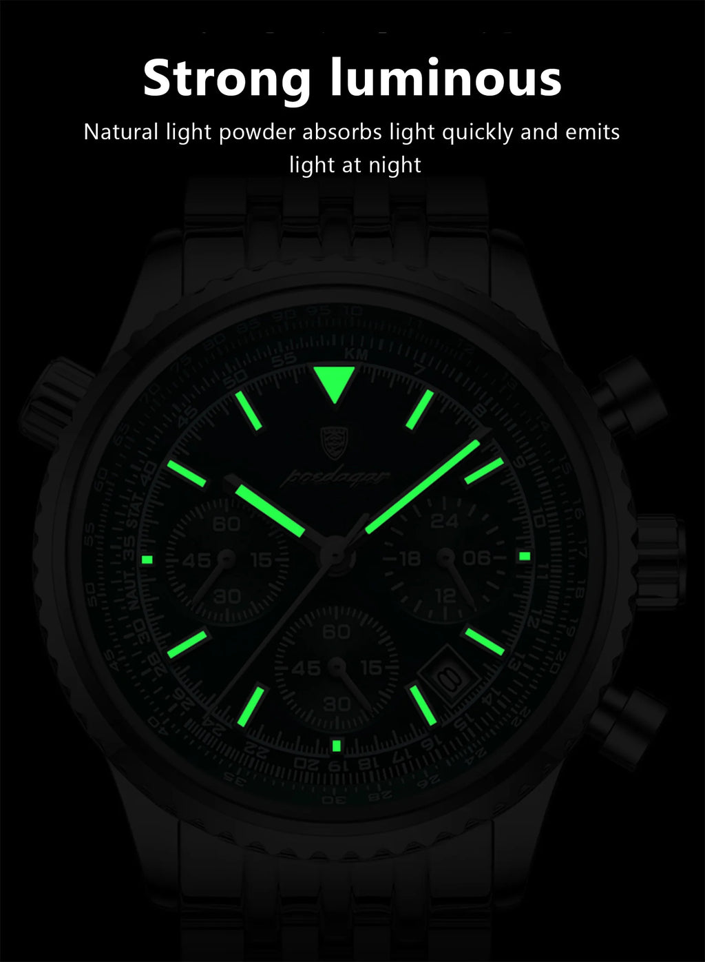 POEDAGAR Men's Chronograph Quartz Watch, Stainless Steel, Date, Luminous