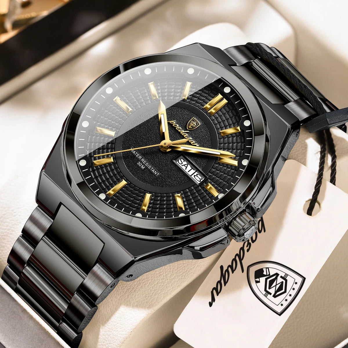 POEDAGAR Men's Business Quartz Watch, Stainless Steel, Date and Day