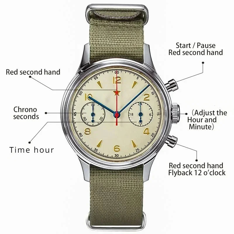 Men's 42 mm Pilot Chronograph Watch, Water Resistant, Vintage Style