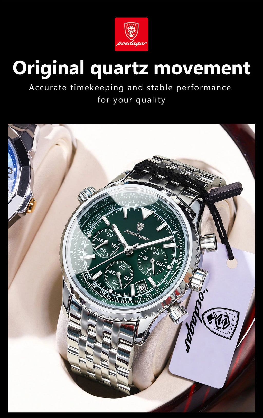 POEDAGAR Men's Chronograph Quartz Watch, Stainless Steel, Date, Luminous