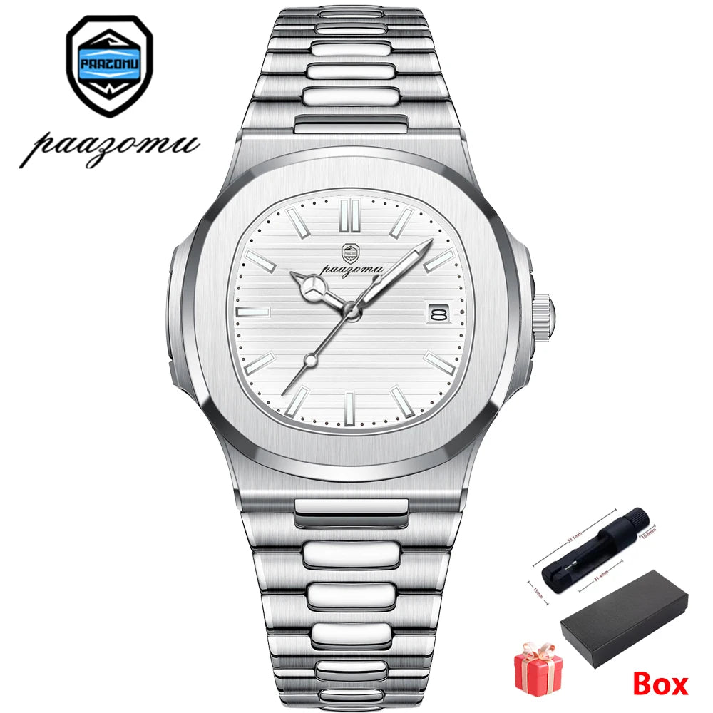 PAAZOMU Men's Square Quartz Watch, Stainless Steel, Luminous, Date