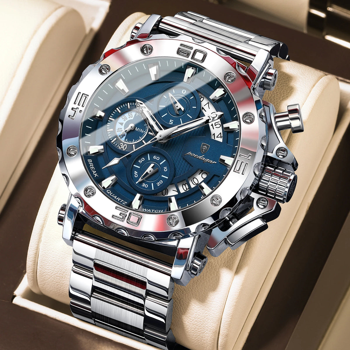 POEDAGAR Men's Chronograph Quartz Watch, Calendar, Stainless Steel